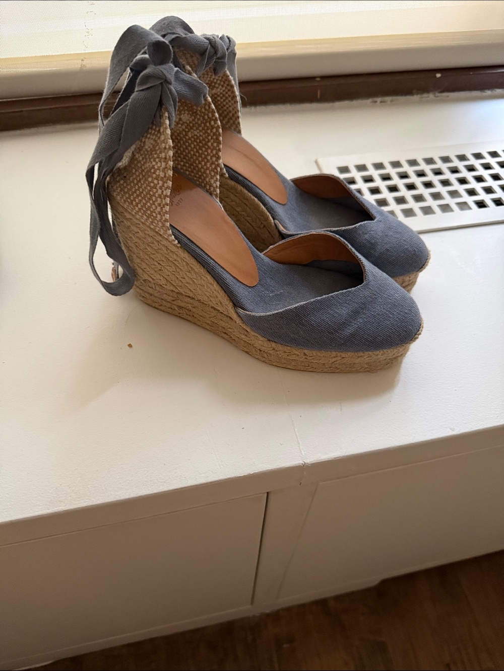 Castaner Denim Blue Linen Wedge Espadrilles with Tie-Ankle